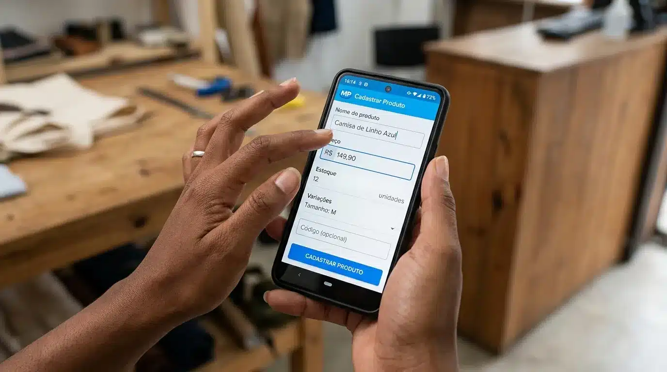 Tela de cadastro de produtos no app Mercado Pago com campos para nome e preço.
