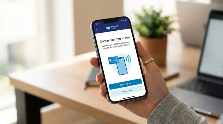 Tela do iPhone mostrando como ativar o Point Tap no app Mercado Pago