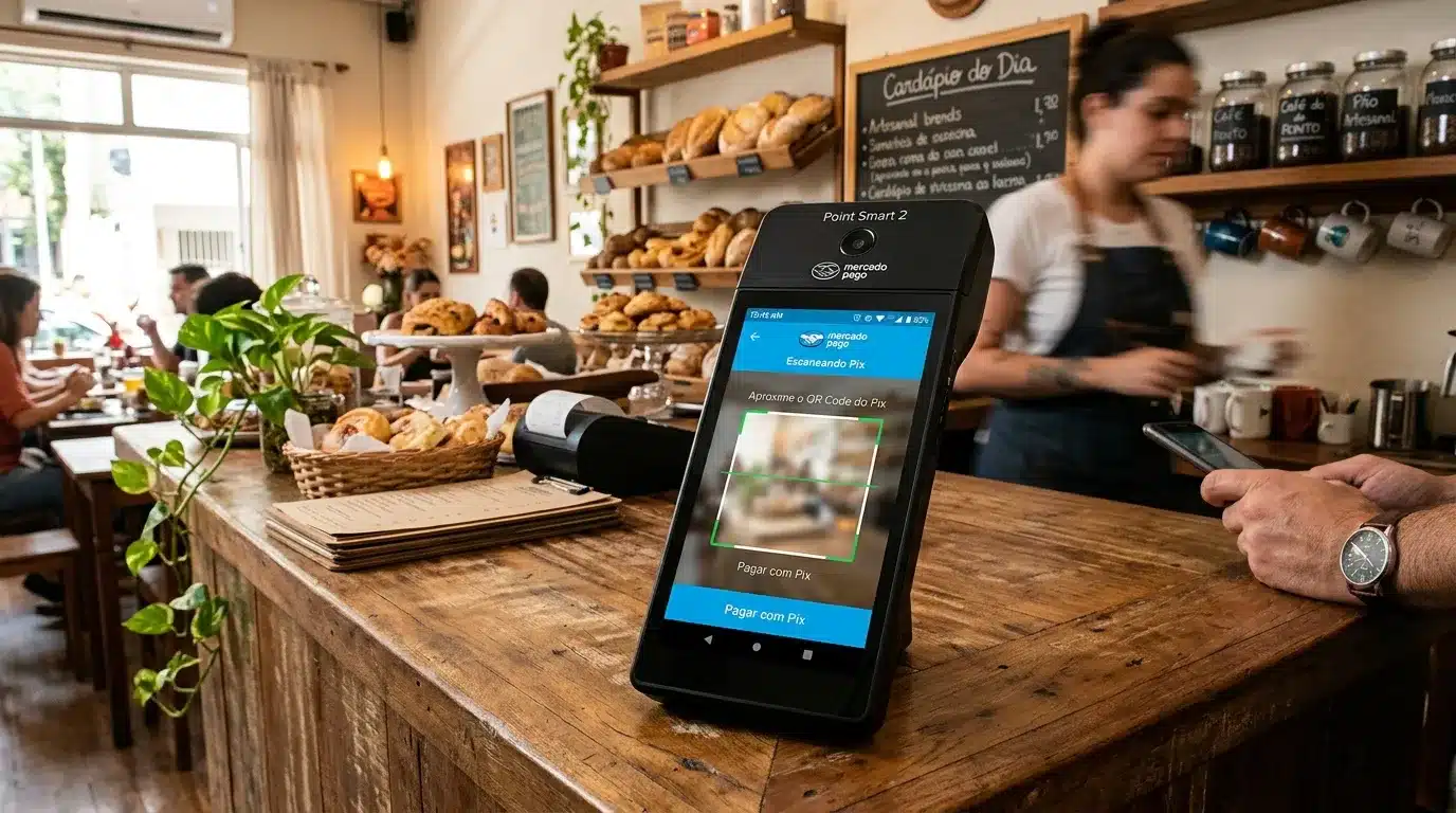 Maquininha Point Smart 2 com câmera aberta para escanear QR Code do Pix