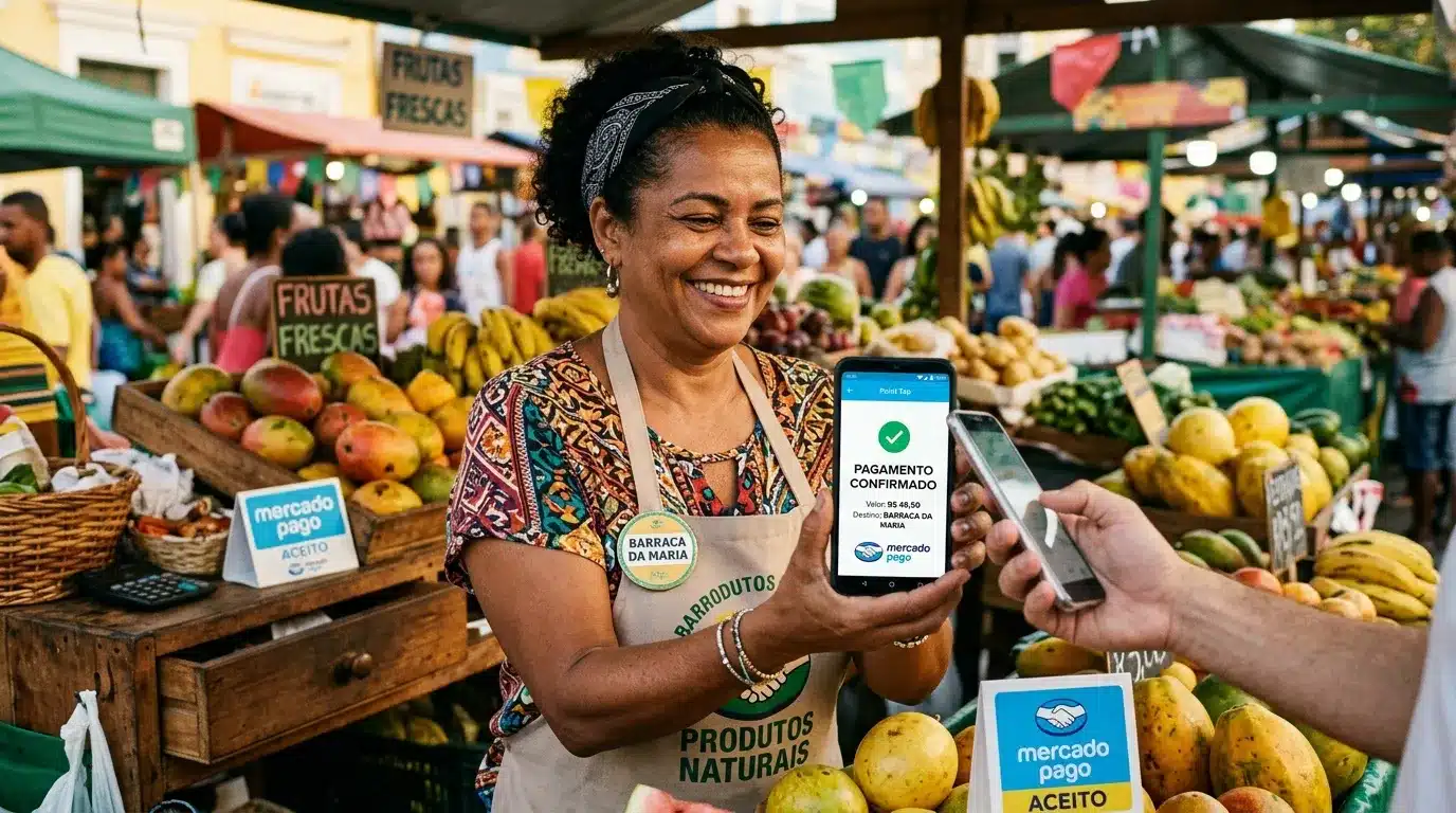 Feirante realizando cobrança por aproximação com o Point Tap do Mercado Pago
