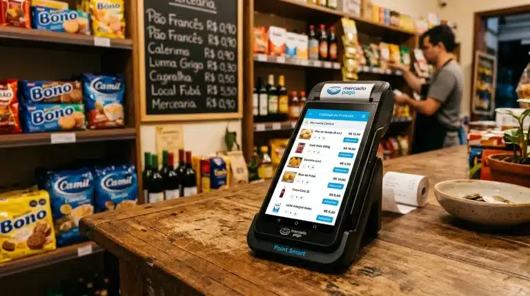 Point Smart 2 exibindo catálogo de produtos cadastrados na tela com interface do Mercado Pago.