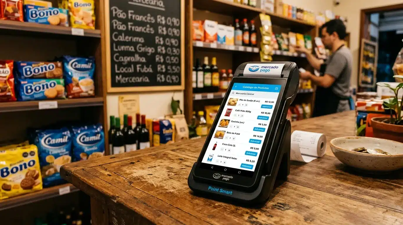 Point Smart 2 exibindo catálogo de produtos cadastrados na tela com interface do Mercado Pago