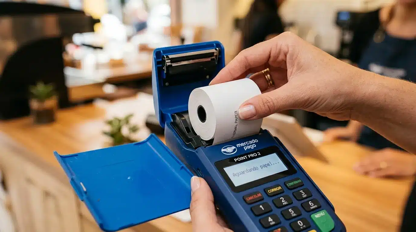 Pessoa colocando bobina de papel térmico na maquininha de cartão Mercado Pago Point.