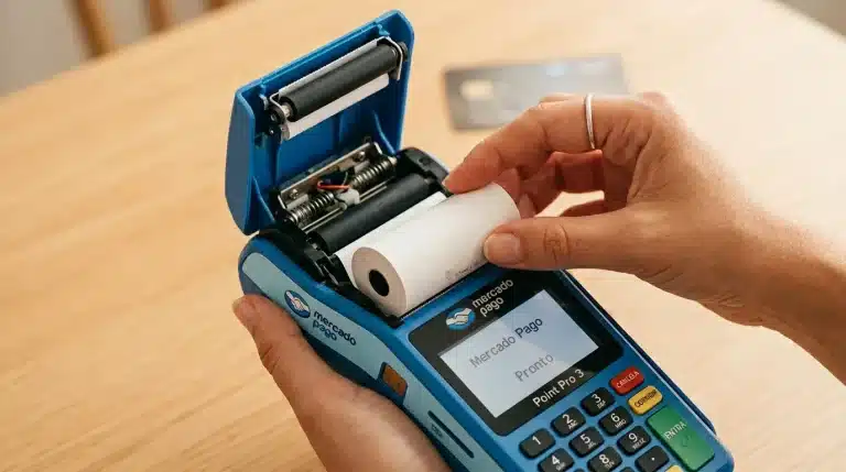 Mãos inserindo bobina de papel térmico na maquininha Point Pro 3 do Mercado Pago