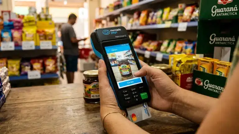 Pessoa tirando foto com a maquininha Mercado Pago Point Smart 2 em ambiente de negócio