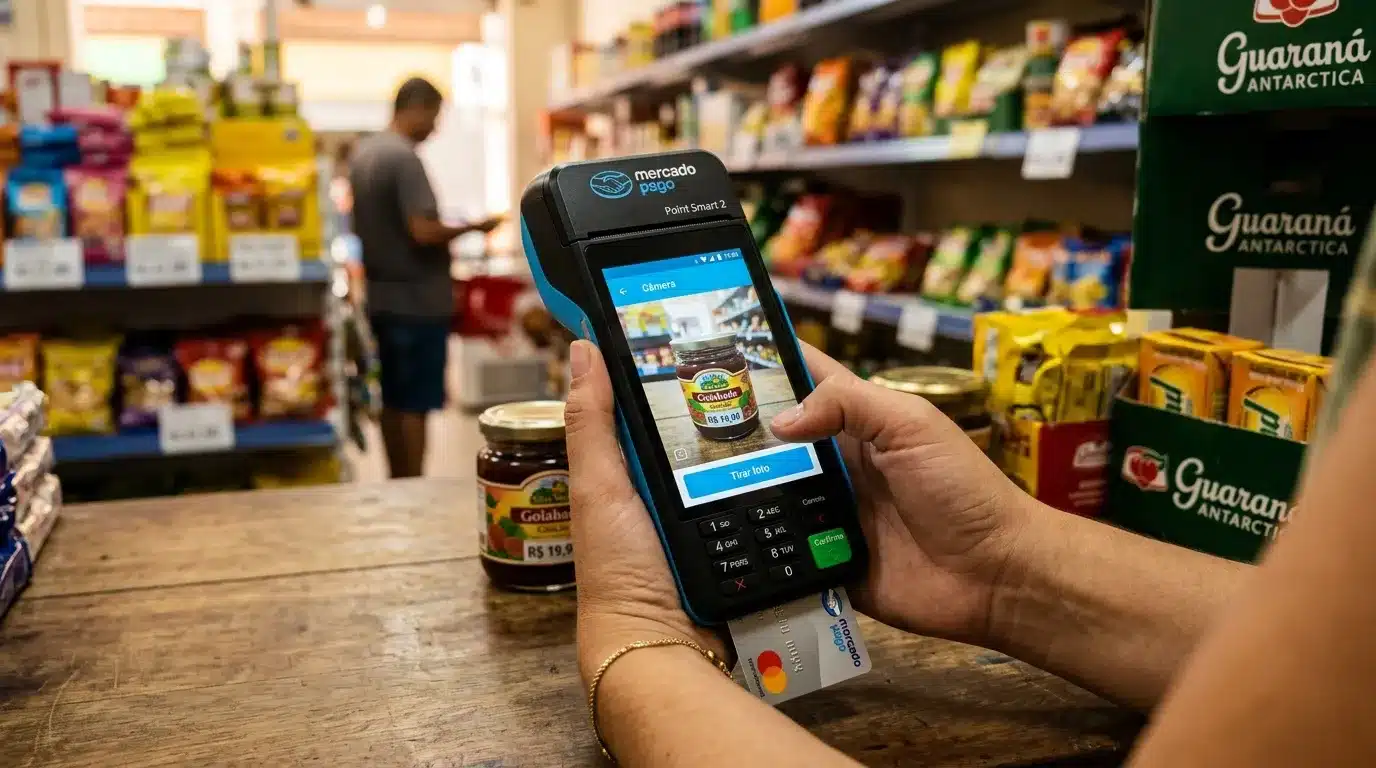 Pessoa tirando foto com a maquininha Mercado Pago Point Smart 2 em ambiente de negócio