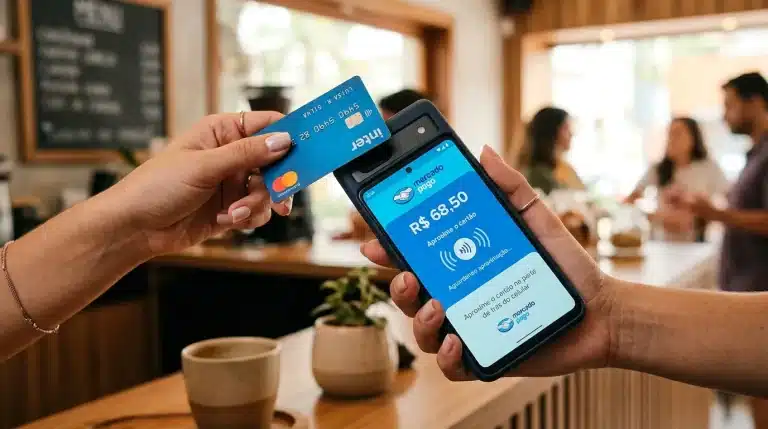 Pessoa usando o Point Tap do Mercado Pago para receber pagamento por aproximação no celular