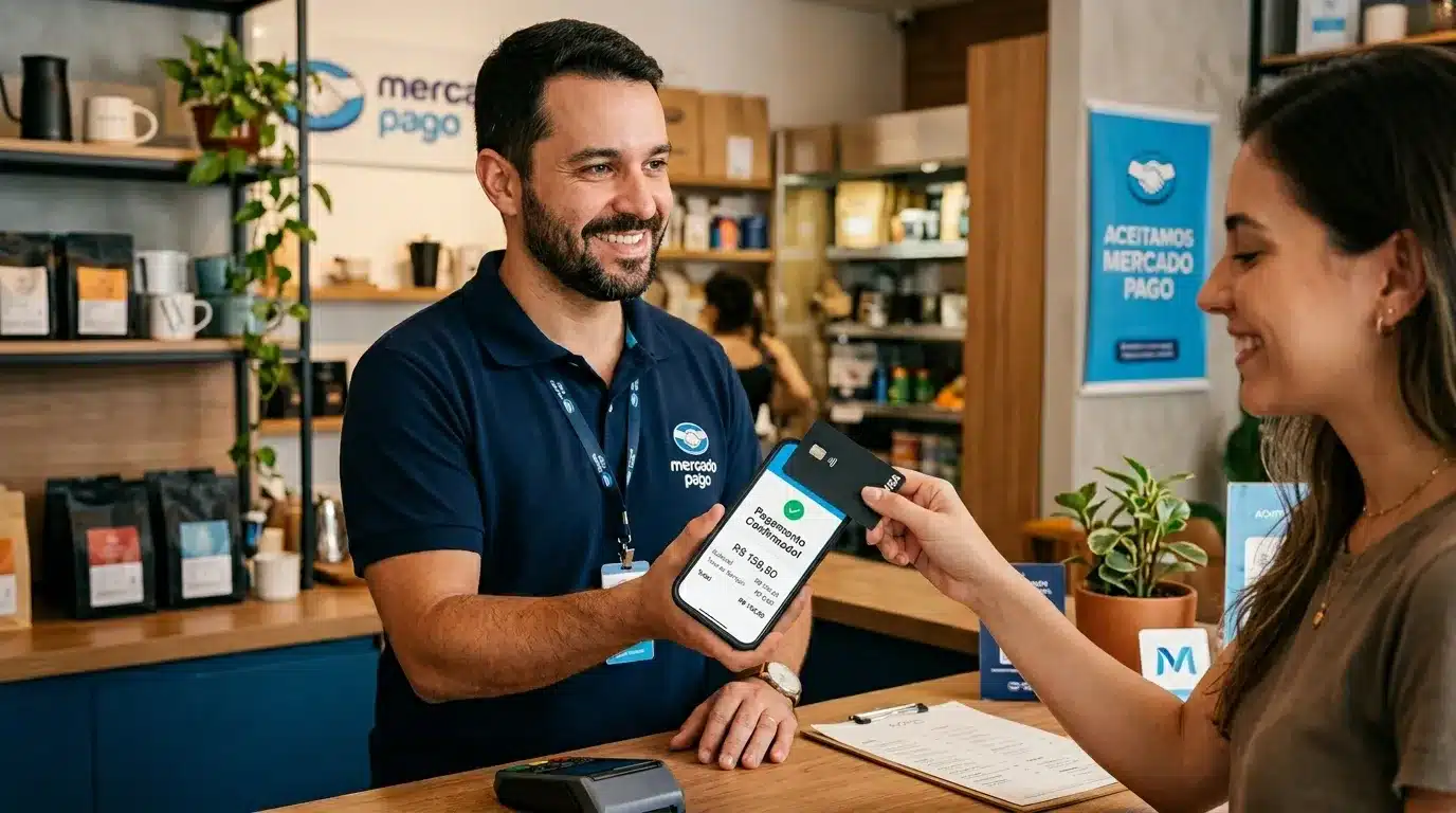 Pessoa usando Tap to Pay no iPhone com app Mercado Pago
