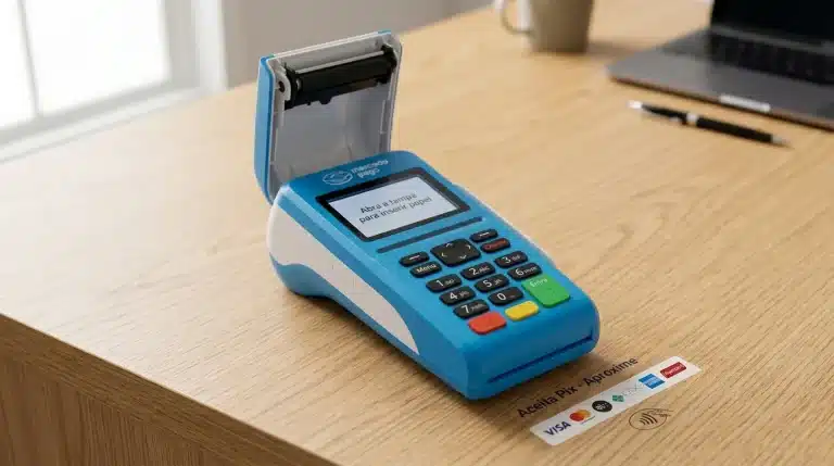 Compartimento aberto da maquininha Mercado Pago mostrando onde colocar a bobina de papel.