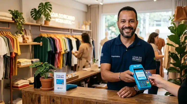 Empreendedor brasileiro segurando maquininha de cartão Mercado Pago em seu estabelecimento comercial.