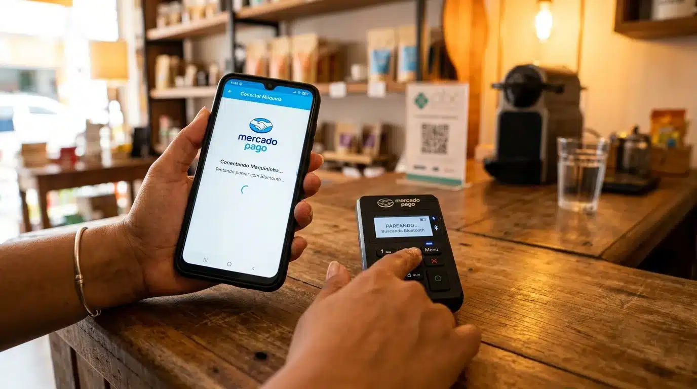 Mão segurando smartphone pareando via Bluetooth com a Maquininha Mercado Pago Point Mini azul