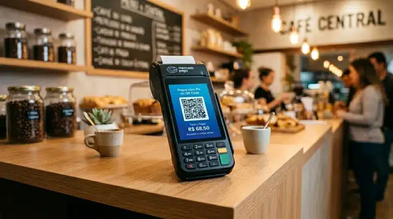 Maquininha Point Pro 3 do Mercado Pago exibindo QR Code para configuração inicial do dispositivo