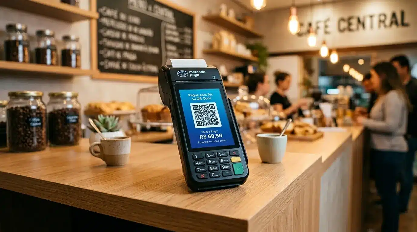 Maquininha Point Pro 3 do Mercado Pago exibindo QR Code para configuração inicial do dispositivo