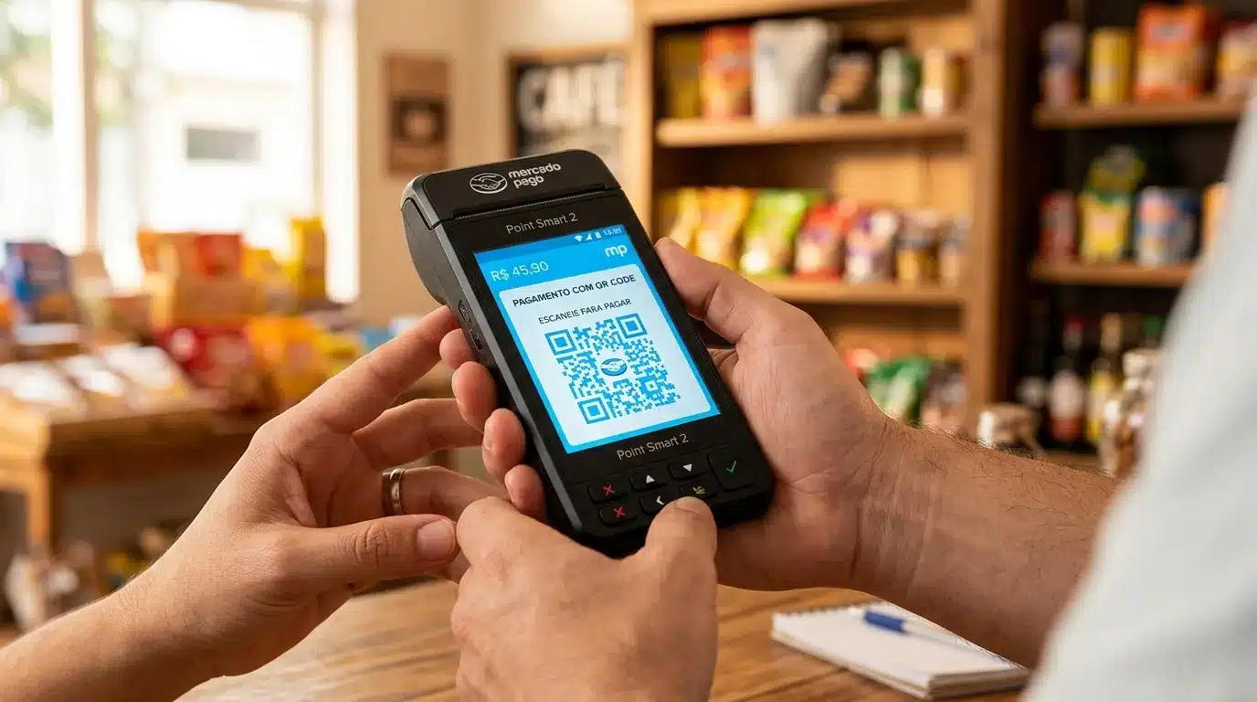 Maquininha Point Smart 2 do Mercado Pago exibindo QR Code para configuração inicial do dispositivo