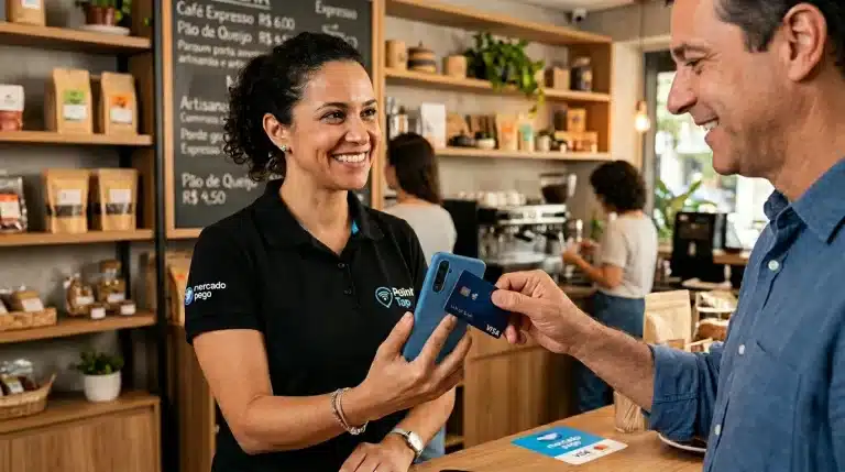 Pessoa usando Point Tap do Mercado Pago para receber pagamento por aproximação no celular