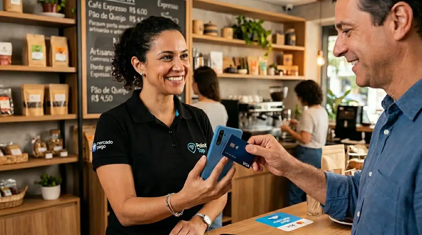 Pessoa usando Point Tap do Mercado Pago para receber pagamento por aproximação no celular