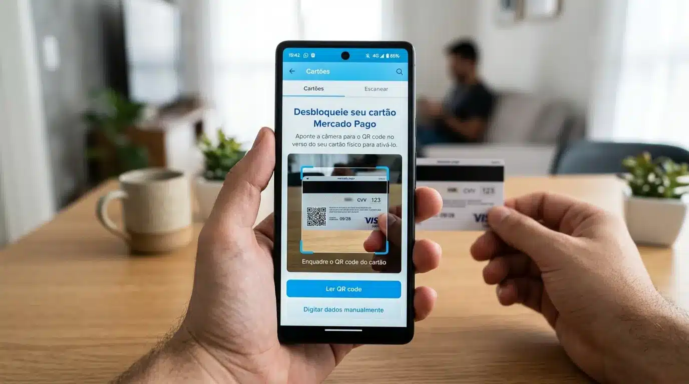 Tela para desbloquear cartão no app Mercado Pago