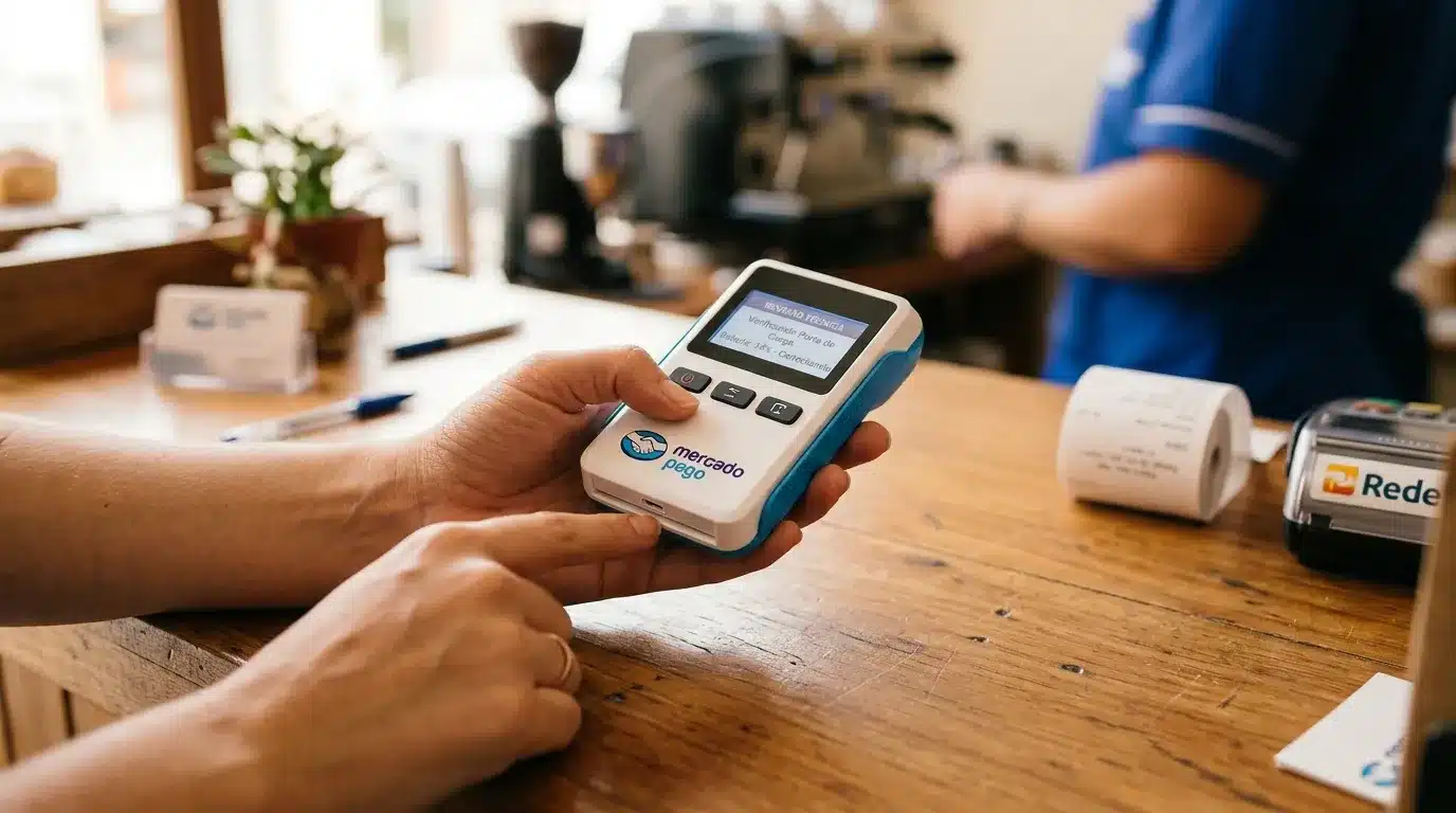 Pessoa diagnosticando problemas na maquininha Point que não liga