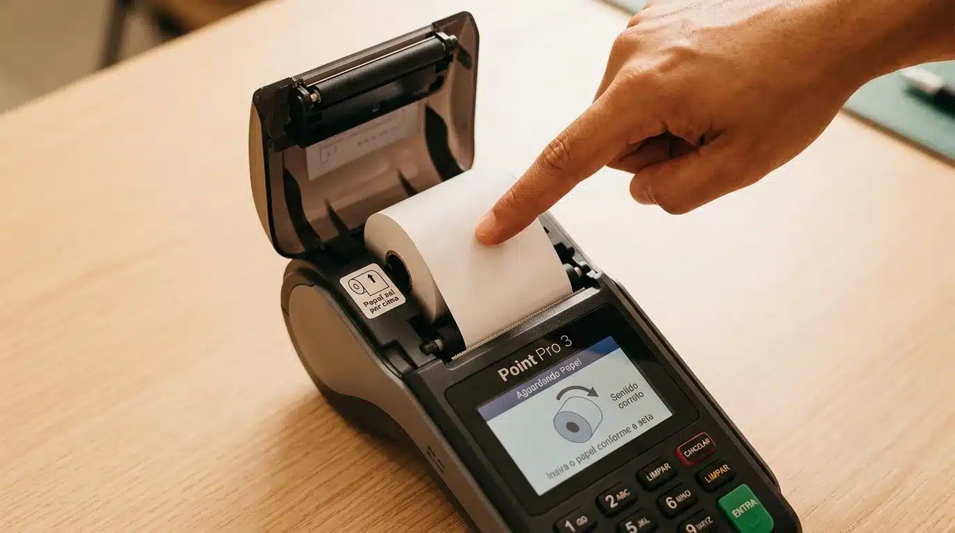 Demonstração da posição correta da bobina com papel saindo por cima na Point Pro 3