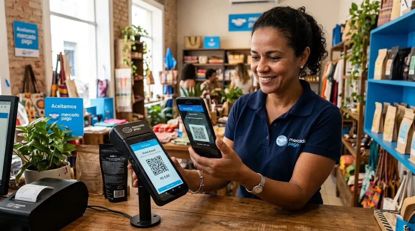 Pessoa escaneando QR Code da Point Smart 2 pelo app Mercado Pago para ativar a maquininha
