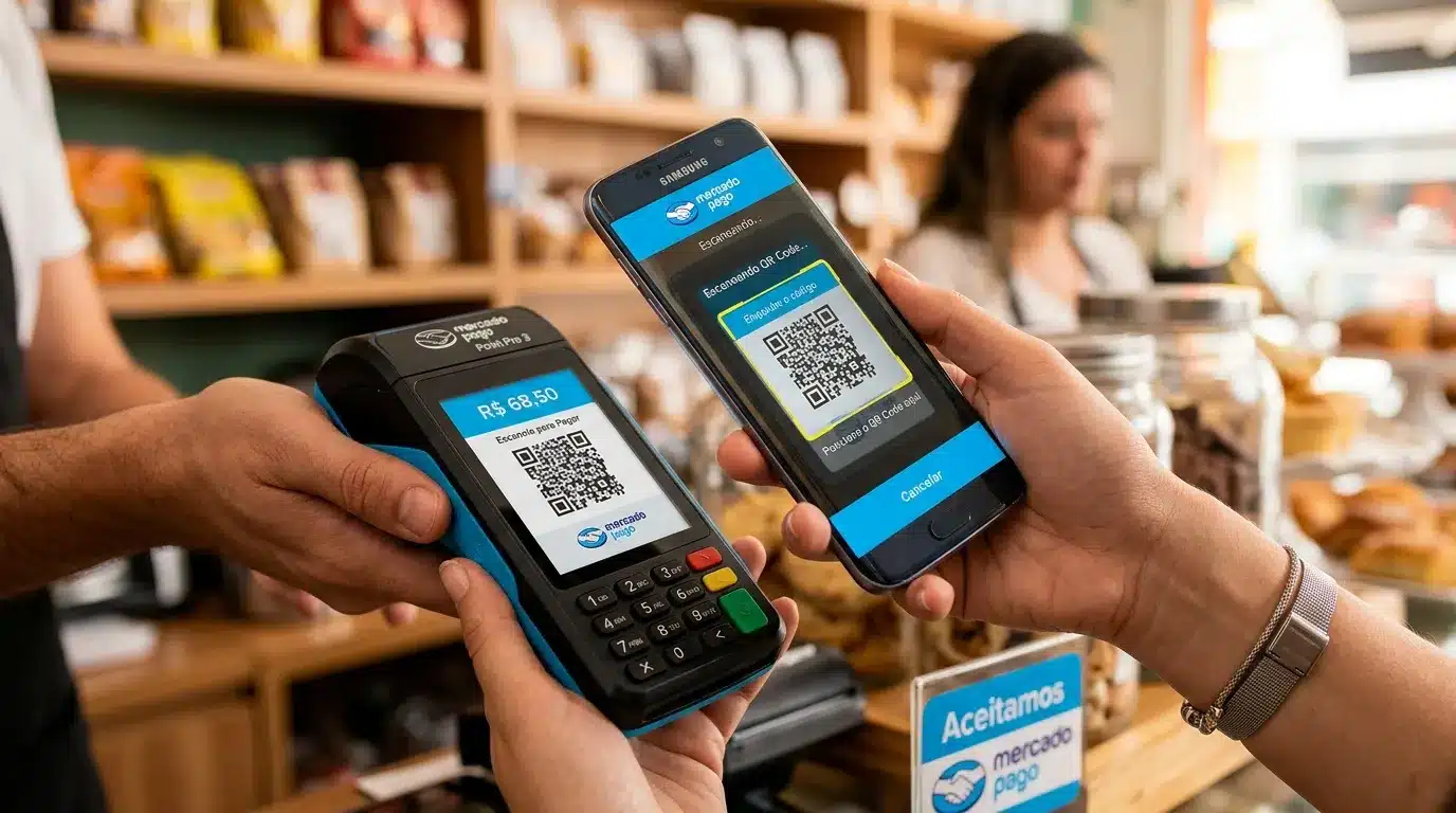 Pessoa escaneando QR Code da Point Pro 3 pelo app Mercado Pago para ativar a maquininha