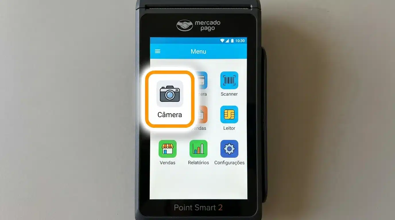 Menu de aplicativos da Point Smart 2 mostrando ícone da câmera para tirar foto
