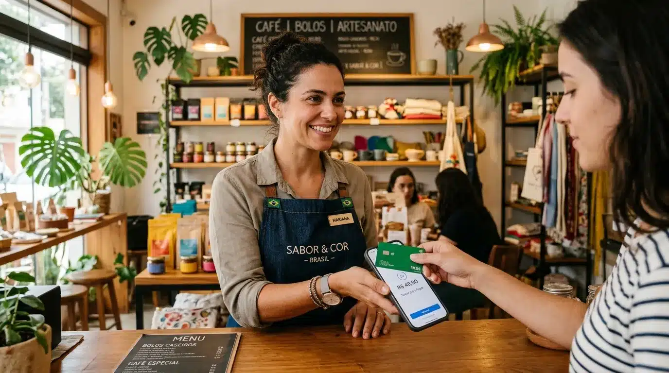 Empreendedor recebendo pagamento por aproximação usando Point Tap no iPhone