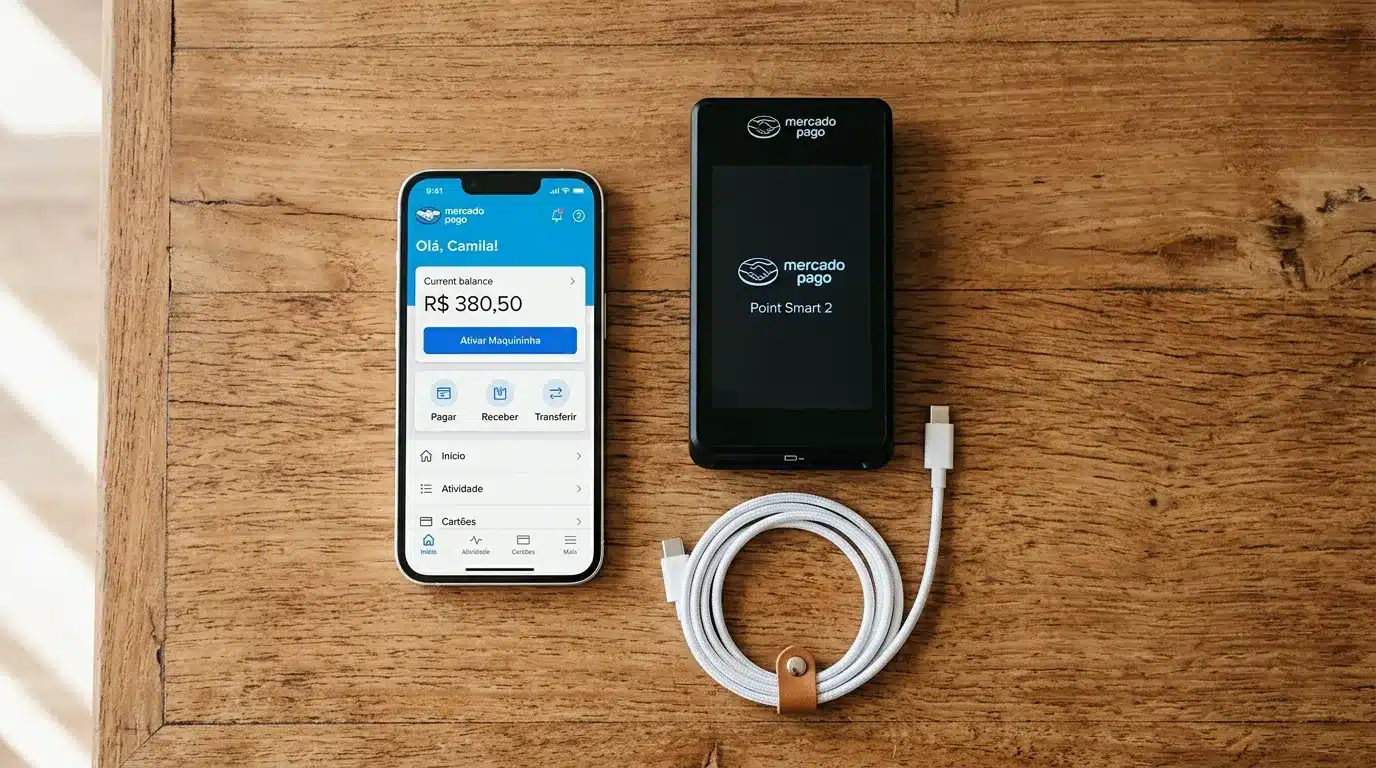 Itens necessários para configurar a Point Smart 2: maquininha, celular com app Mercado Pago e carregador