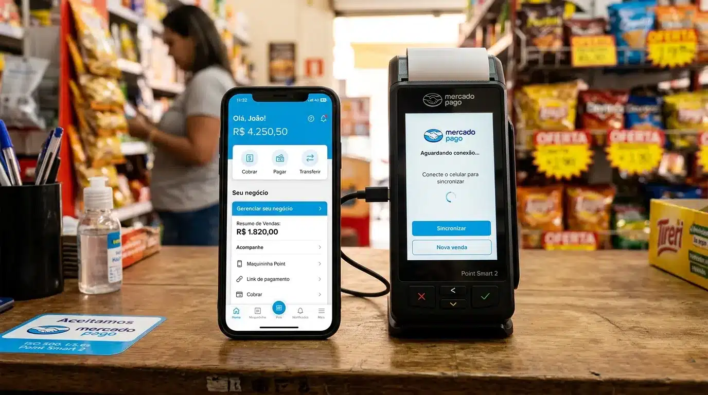 App Mercado Pago aberto na seção Seu negócio ao lado da Point Smart 2 pronta para uso.