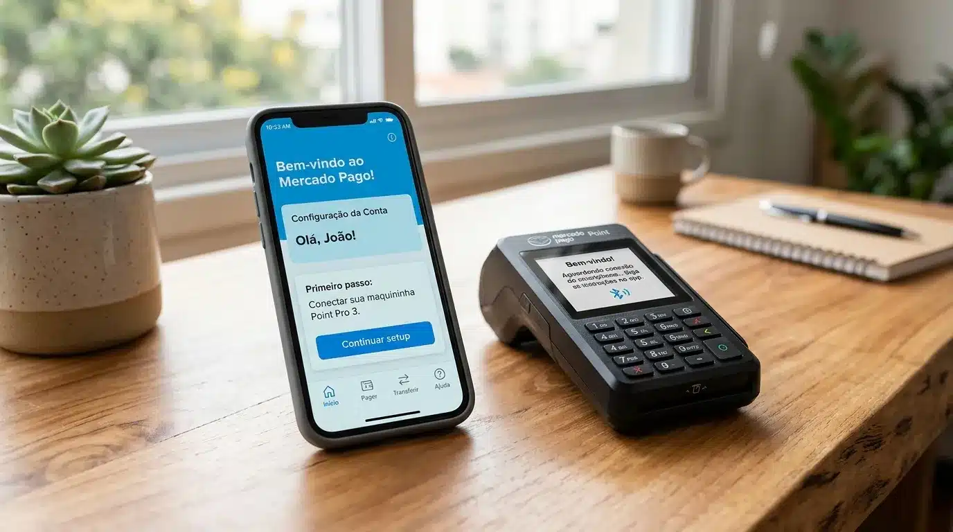 Celular com app Mercado Pago aberto ao lado da maquininha Point Pro 3 preparada para configuração