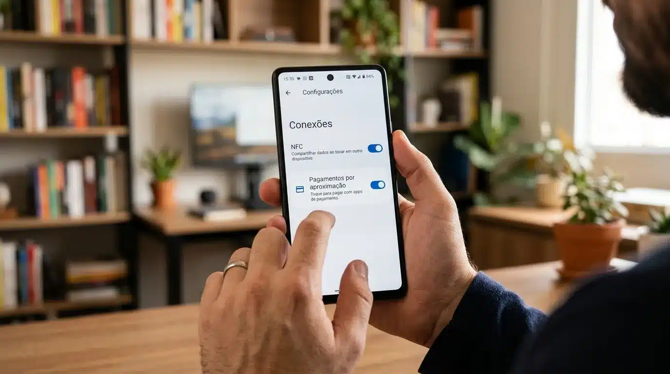 Configurações do celular Android mostrando como ativar NFC para usar Point Tap