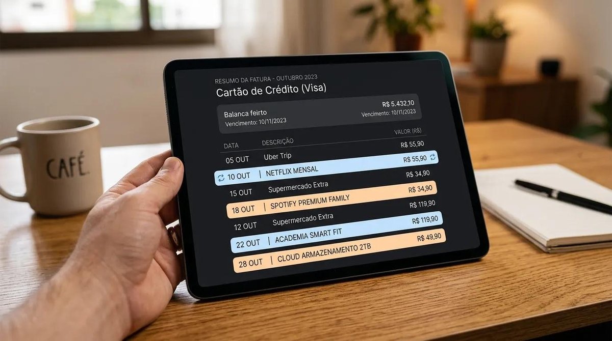 Fatura de cartão com cobranças recorrentes destacadas