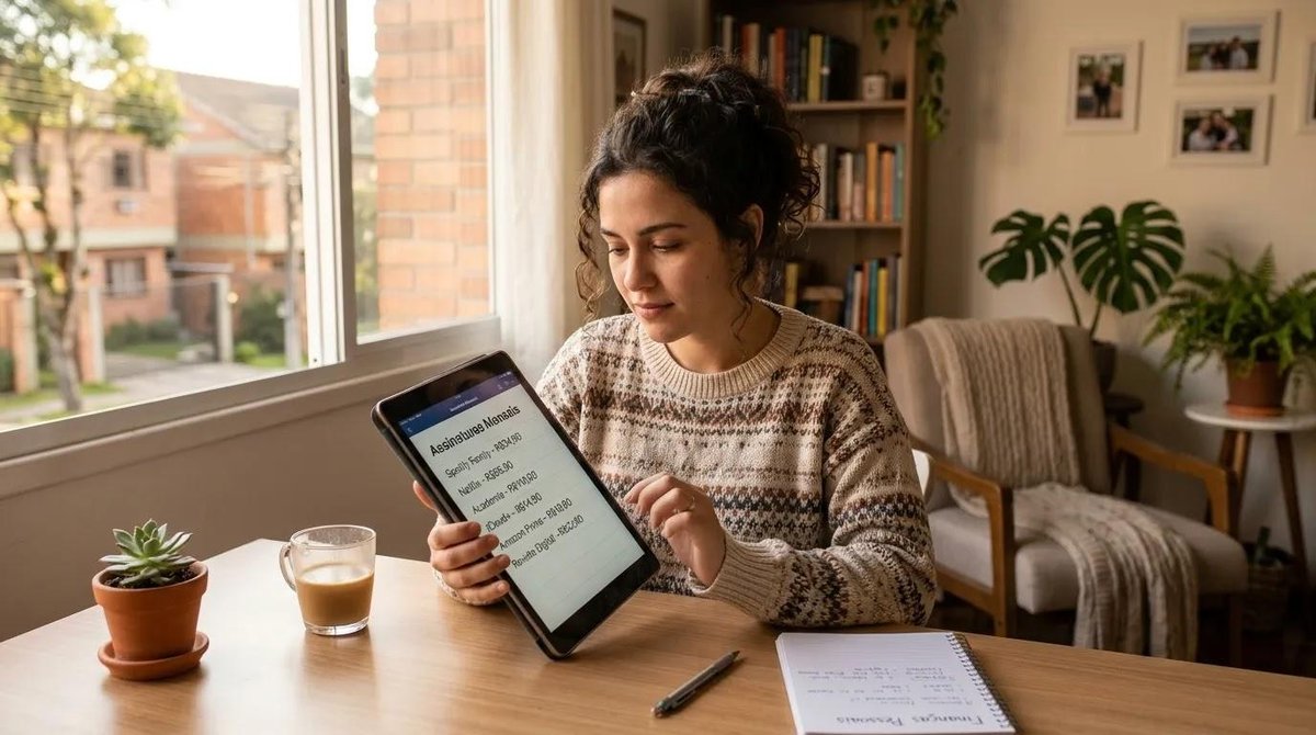 Pessoa configurando cobranças automáticas em tablet em casa.