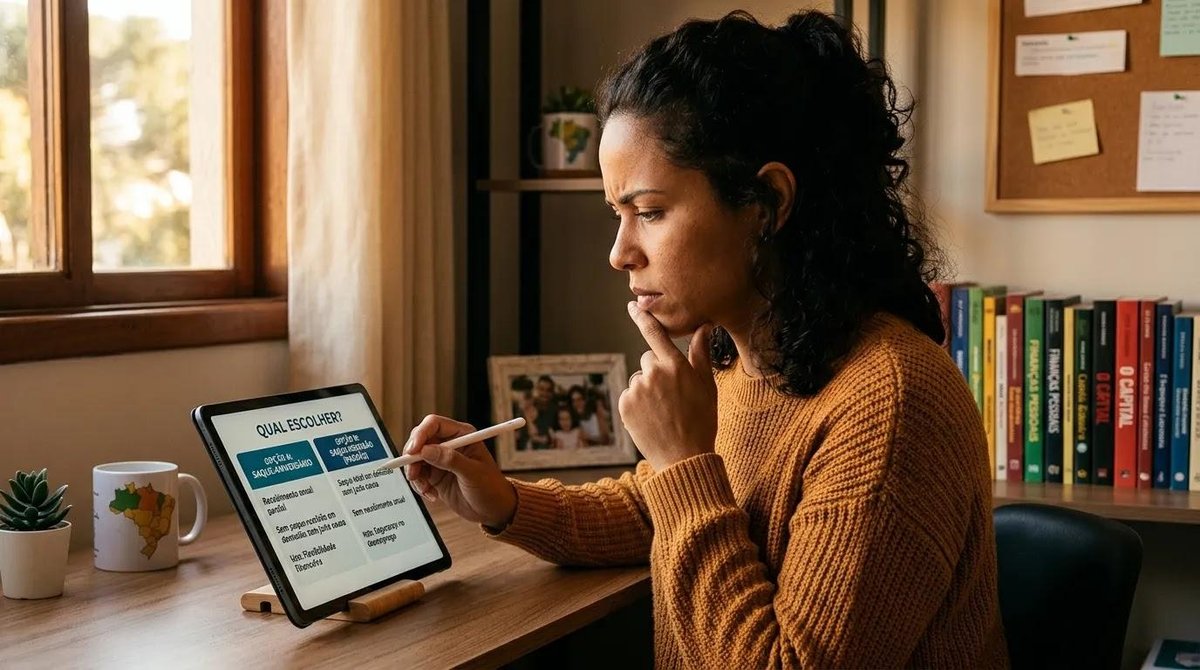 mulher compara saque-aniversário e saque-rescisão no tablet