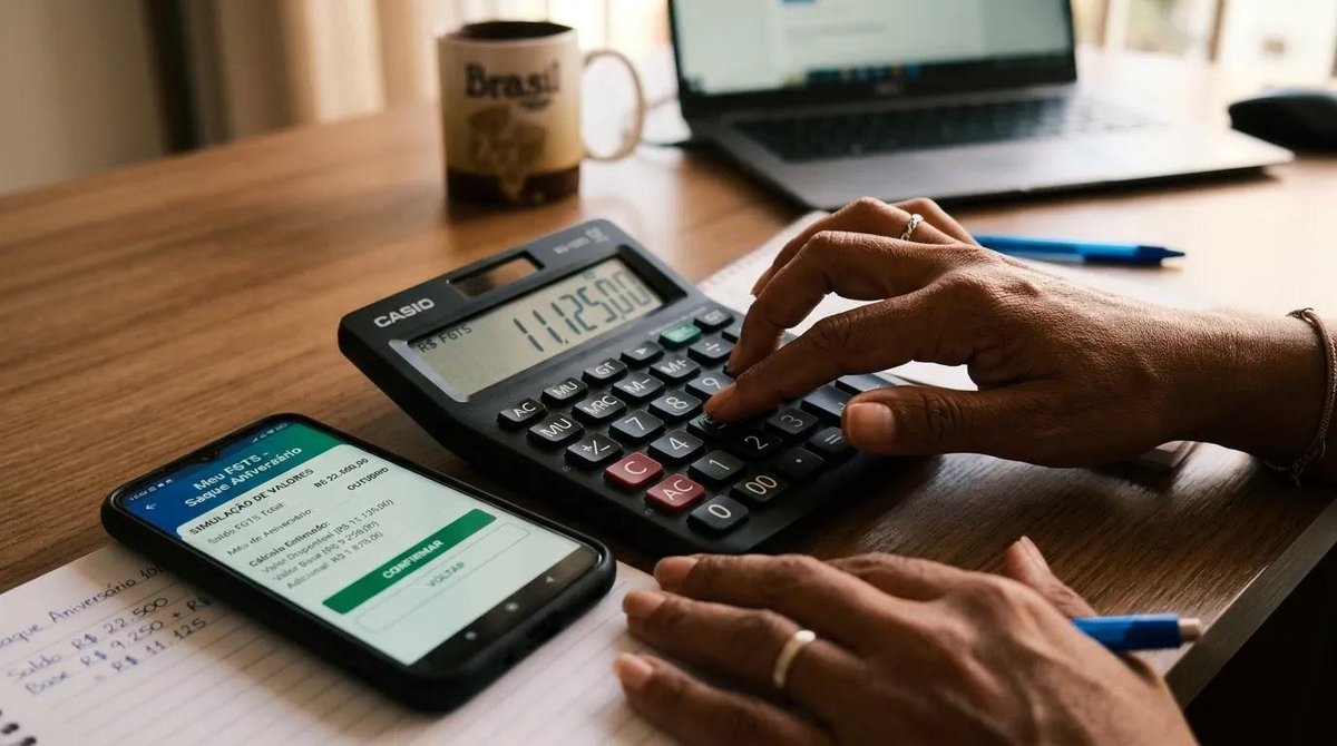 pessoa calcula valores do saque-aniversário com calculadora e celular