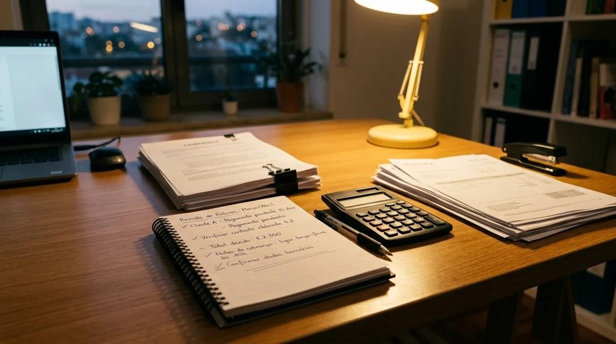 Documentos organizados na mesa antes de cobrar um cliente