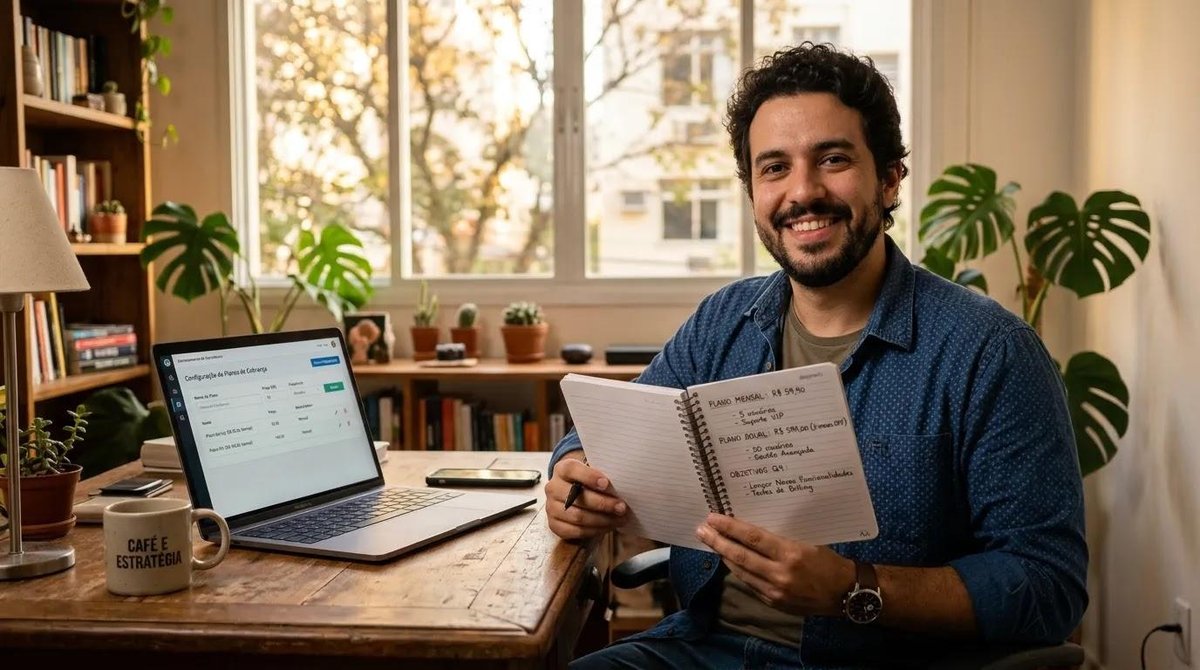 Empreendedor com caderno configura cobrança automática no laptop