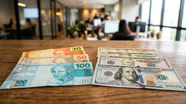 reais e dólares sobre a mesa