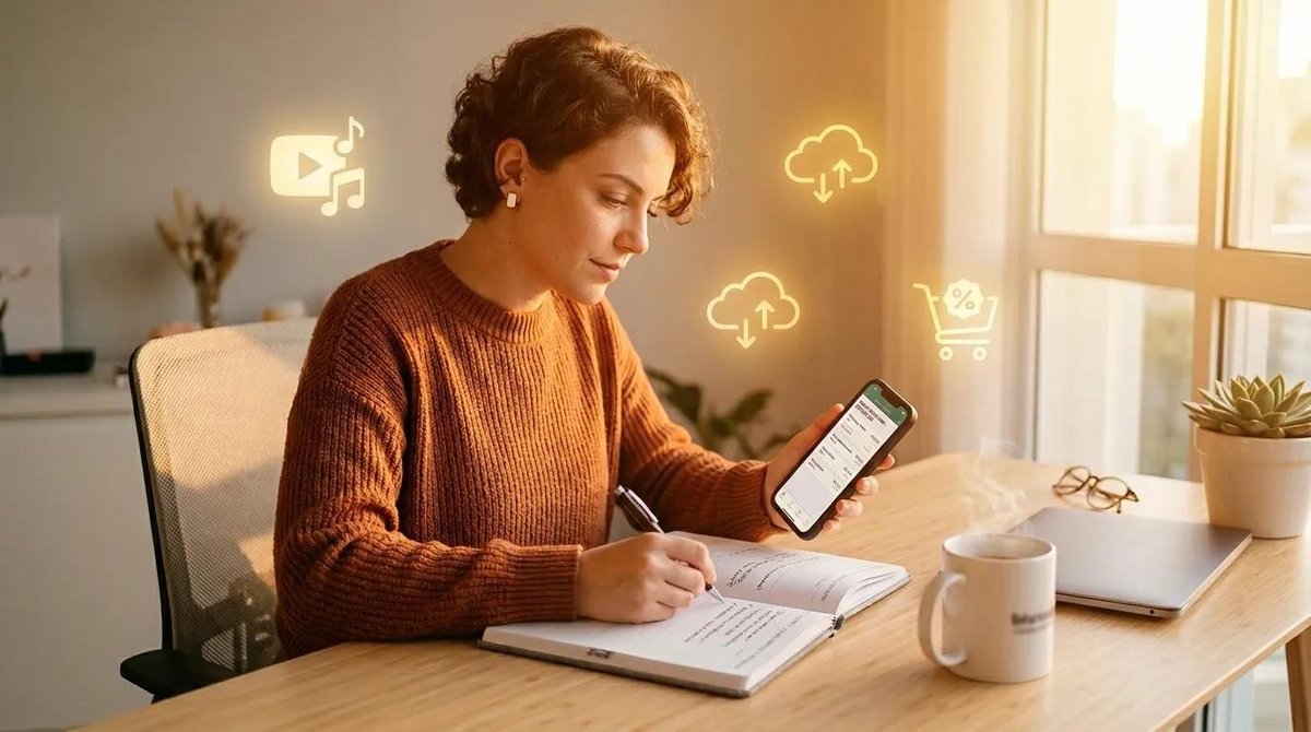 mulher gerencia pagamentos recorrentes no celular e agenda