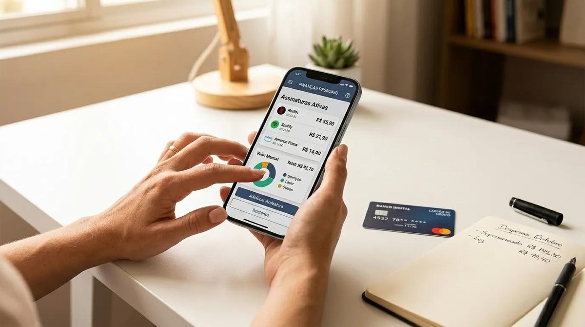 Pessoa audita cobranças recorrentes e assinaturas no celular