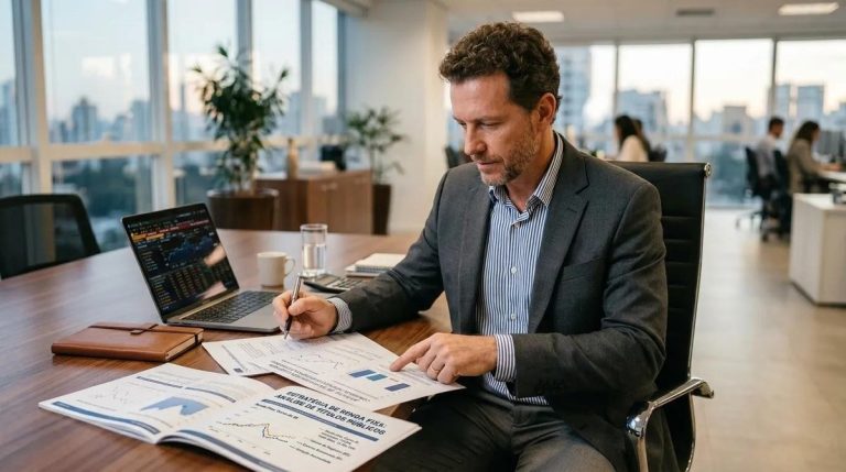 Investidor analisa certificado de operações estruturadas em mesa no escritório