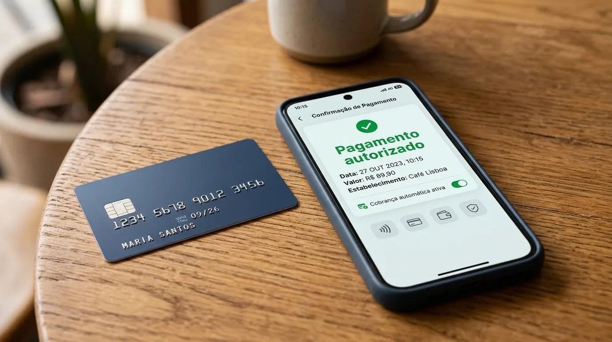 Cartão de crédito e celular com opções de pagamento recorrente