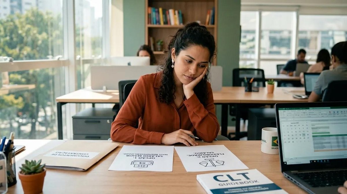 Trabalhadora analisa modalidades de saque do FGTS no escritório
