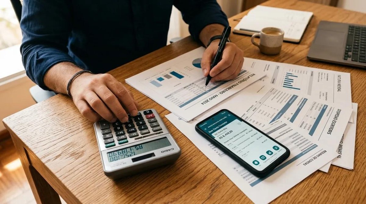 pessoa planeja com calculadora e documentos do FGTS