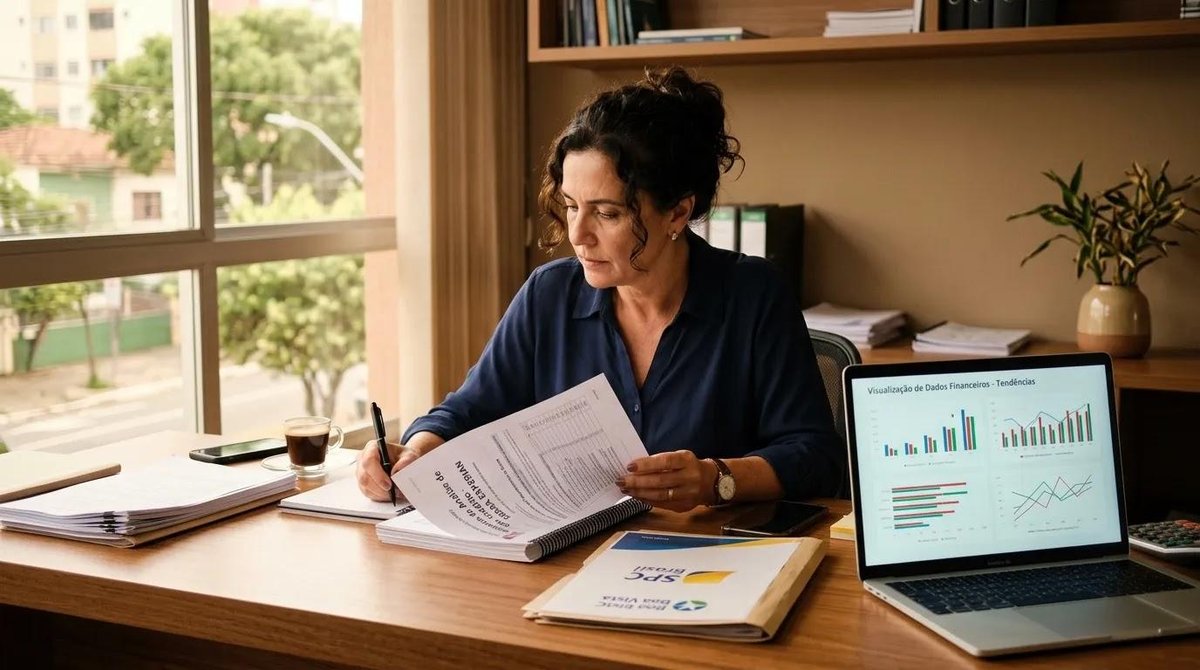 mulher analisa documentos de crédito no escritório