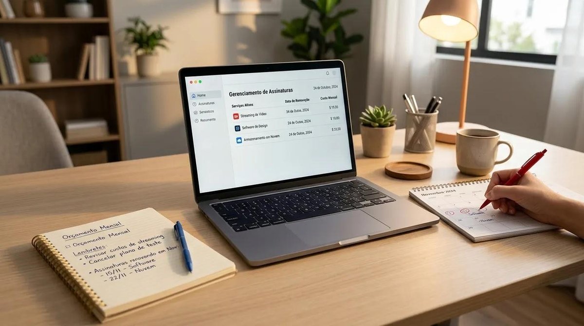 Organização de cobrança automática com calendário e notebook para planejamento