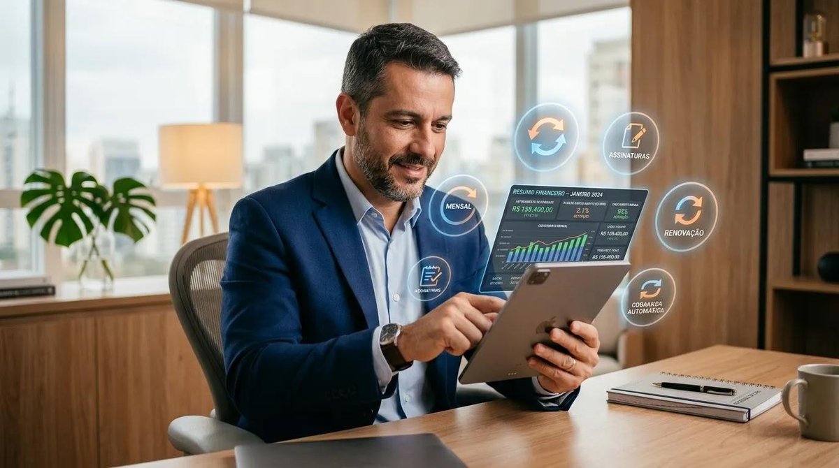 Empresário analisando taxas de pagamento recorrente em tablet