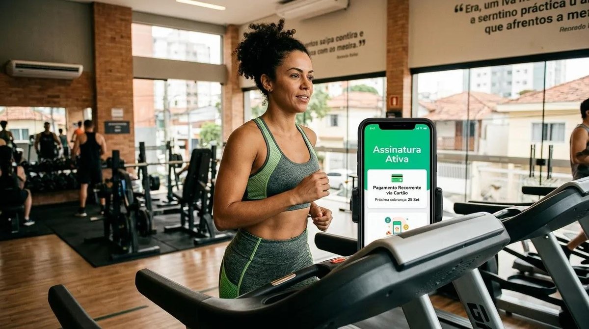 mulher treinando na academia com assinatura com cobrança recorrente automática