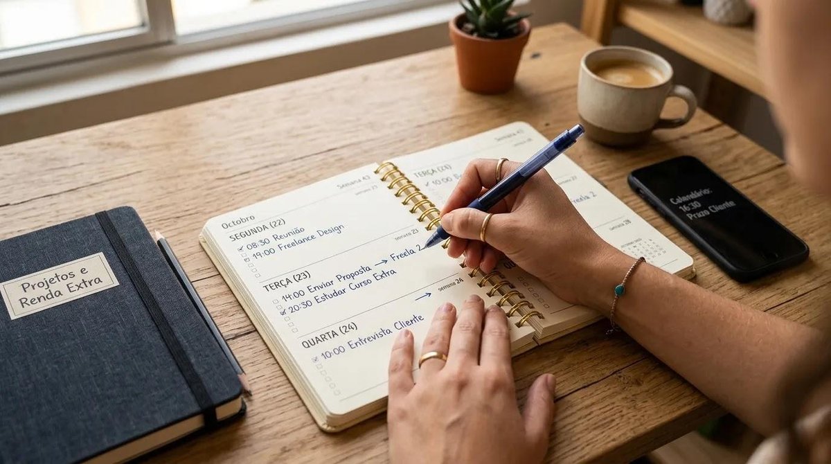 pessoa organiza calendário semanal para renda extra no caderno