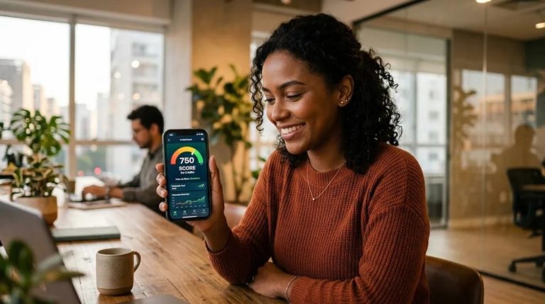 mulher exibe o Score Serasa no smartphone